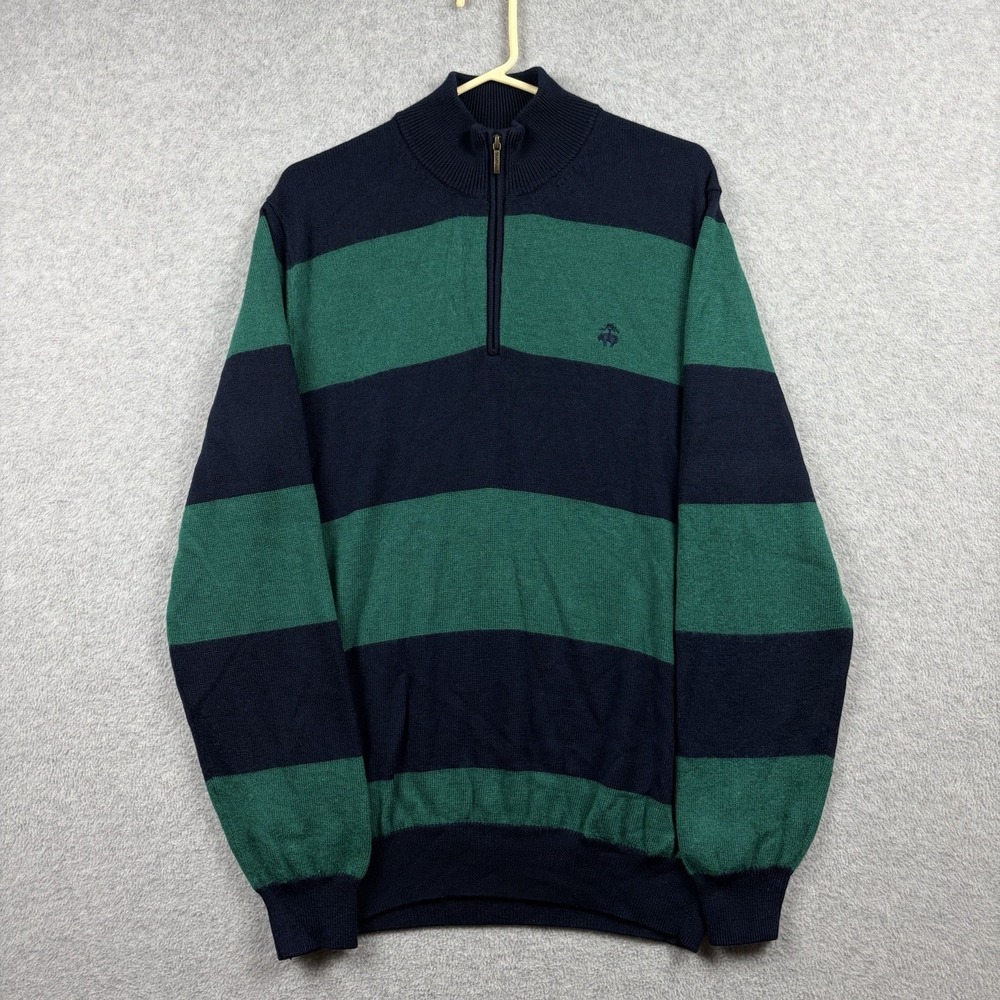 Brooks Brothers Sweater Mens XL Green Navy Stripe Merino Wool 1/4 Zip Preppy Ivy
